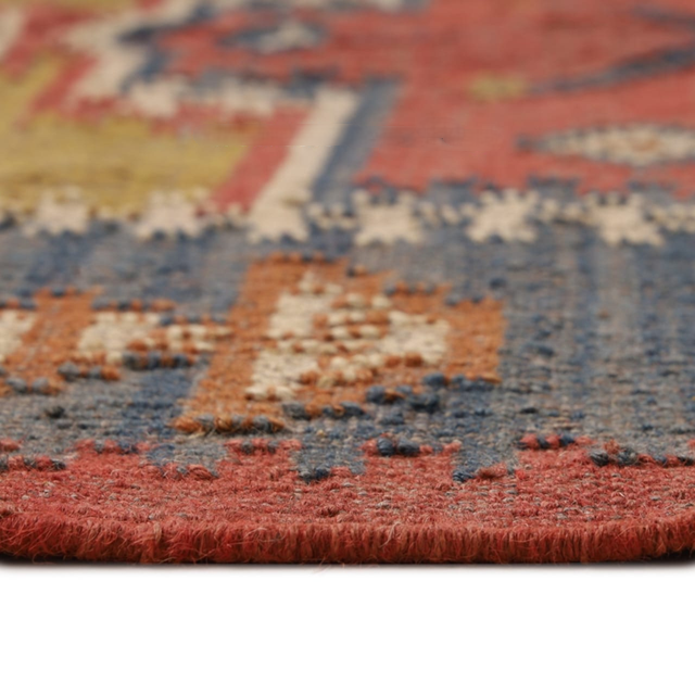 Traditional Rajasthani Wool Jute Kilim Rug – Handwoven Tribal Geometric Pattern in Rust, Mustard & Indigo
