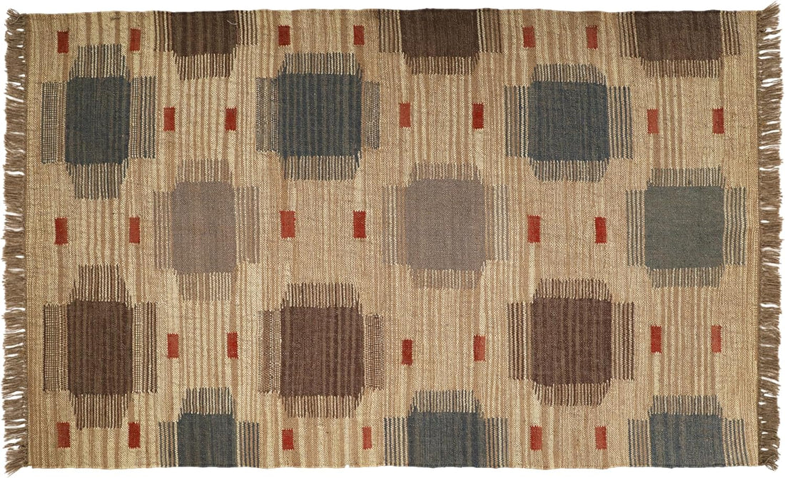 Handwoven Kilim Wool Jute Rug Geometric Pattern, Non-Slip, Versatile for Living, Bedroom & Kids Room