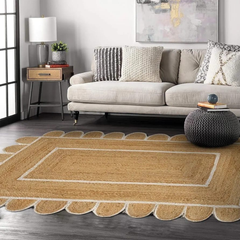 Scalloped Handmade Natura braided l Jute with white  border Rectangle rugs and runner