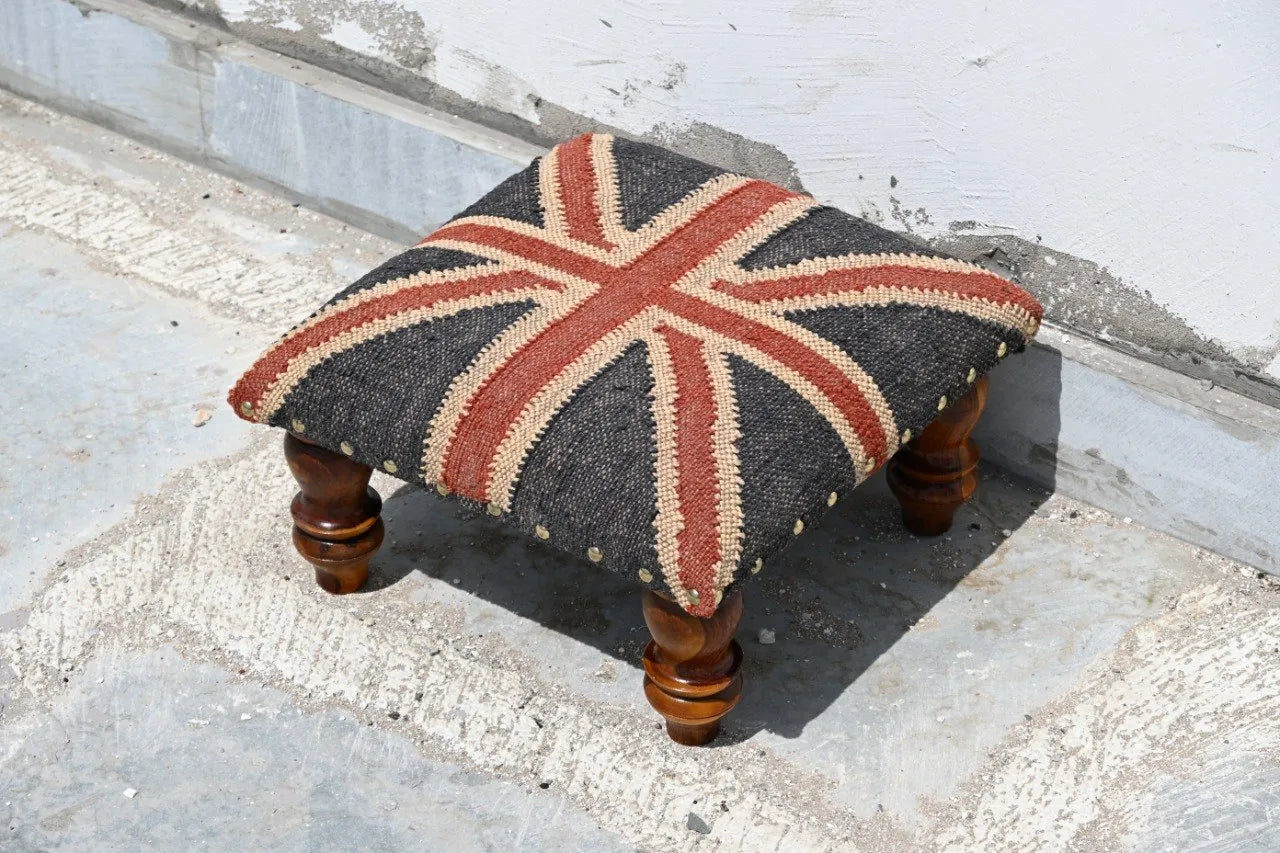 Handmade Union Jack Kilim Ottoman Footstool | Wool Jute Upholstered British Flag Pouf Stool with Solid Wooden Legs for Living Room