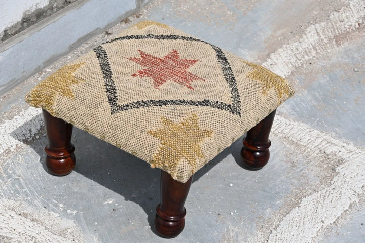 Handmade Southwestern Star Kilim Ottoman Footstool | Wool Jute Upholstered Accent Stool with Solid Wooden Legs & Tribal Design
