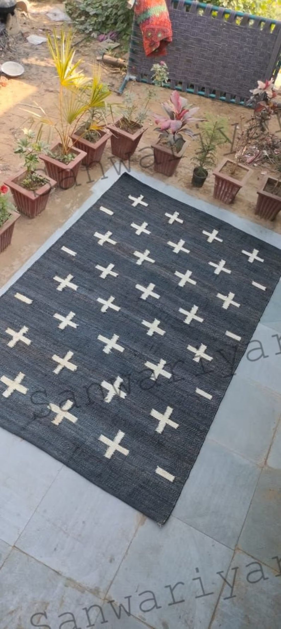 Handwoven Black Jute Area Rug – Plus Cross Design