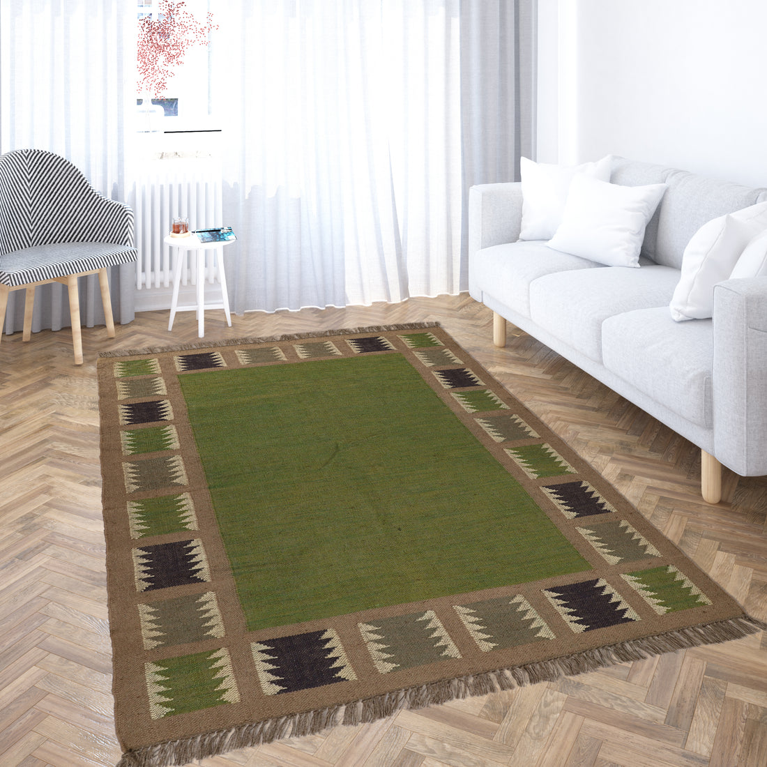 Handwoven Wool Jute Kilim Rug for Green Bohemian Interiors