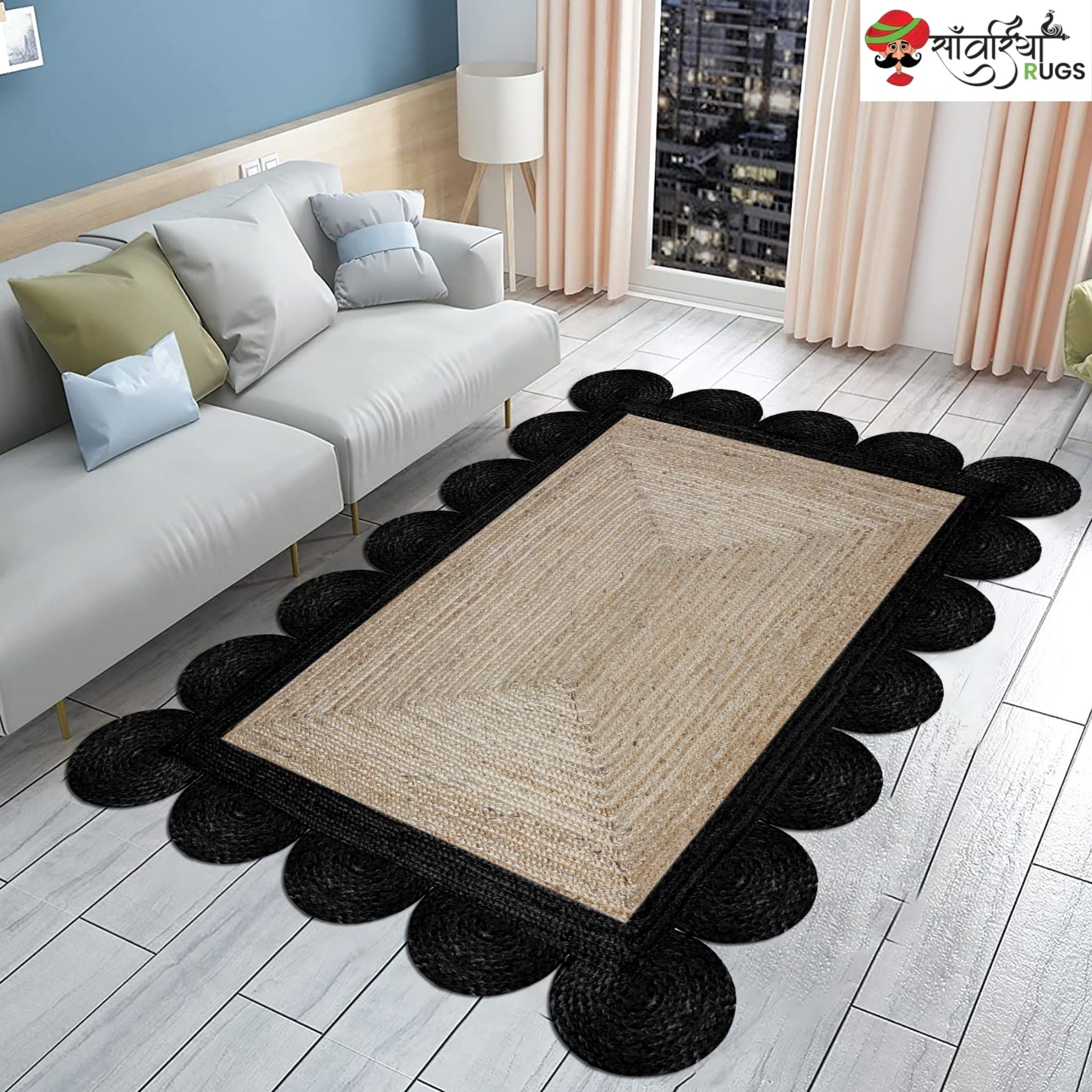 Braided Scalloped Edge Jute Rug – Natural Beige with Multicolor Border