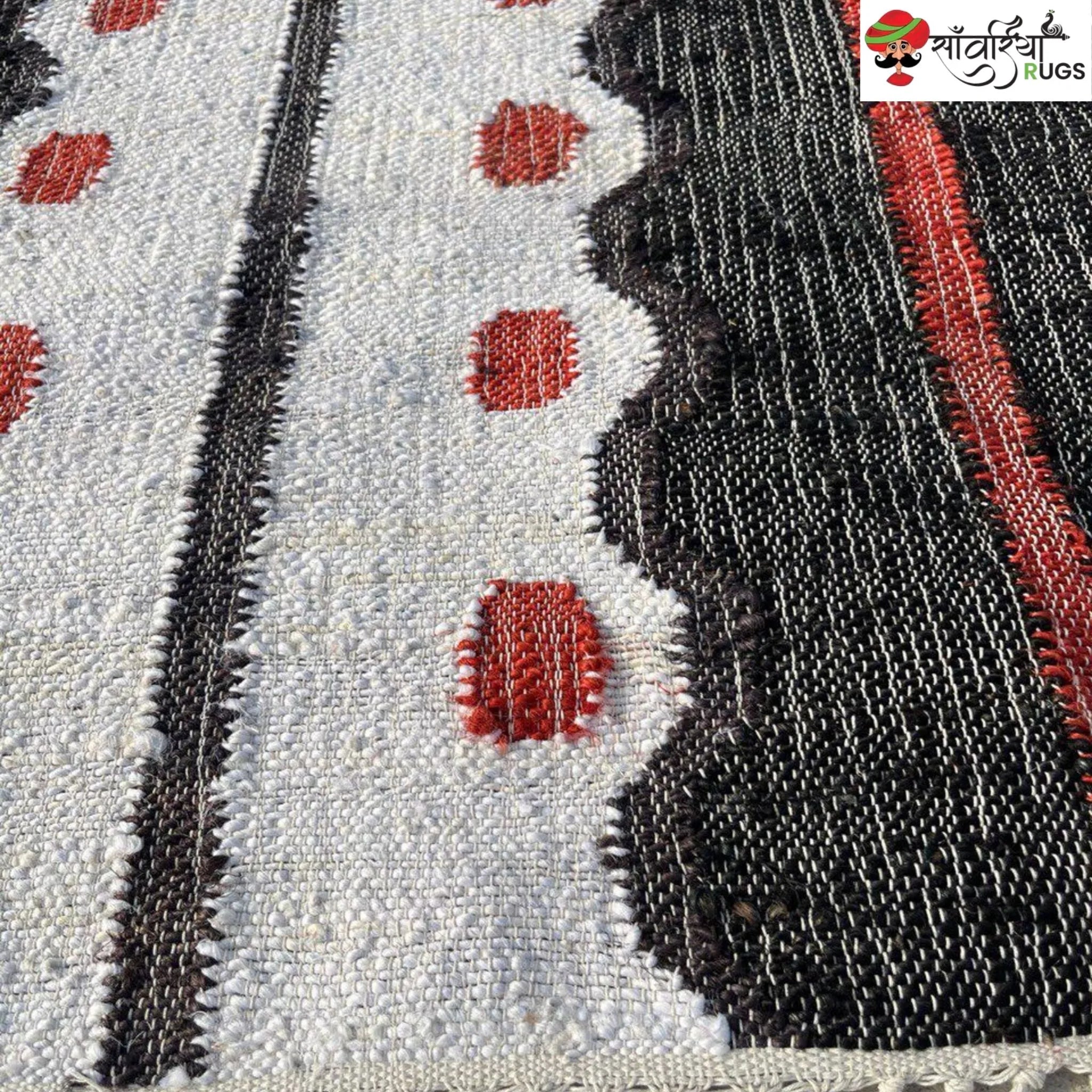 Handmade Black Geometric Jute Cotton Dhurrie Rug