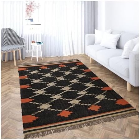 Handwoven Kilim Wool Jute Rug Geometric Pattern, Non-Slip, Versatile for Living, Bedroom & Kids Room