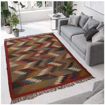 Handwoven Kilim Wool Jute Rug Geometric Pattern, Non-Slip, Versatile for Living, Bedroom & Kids Room