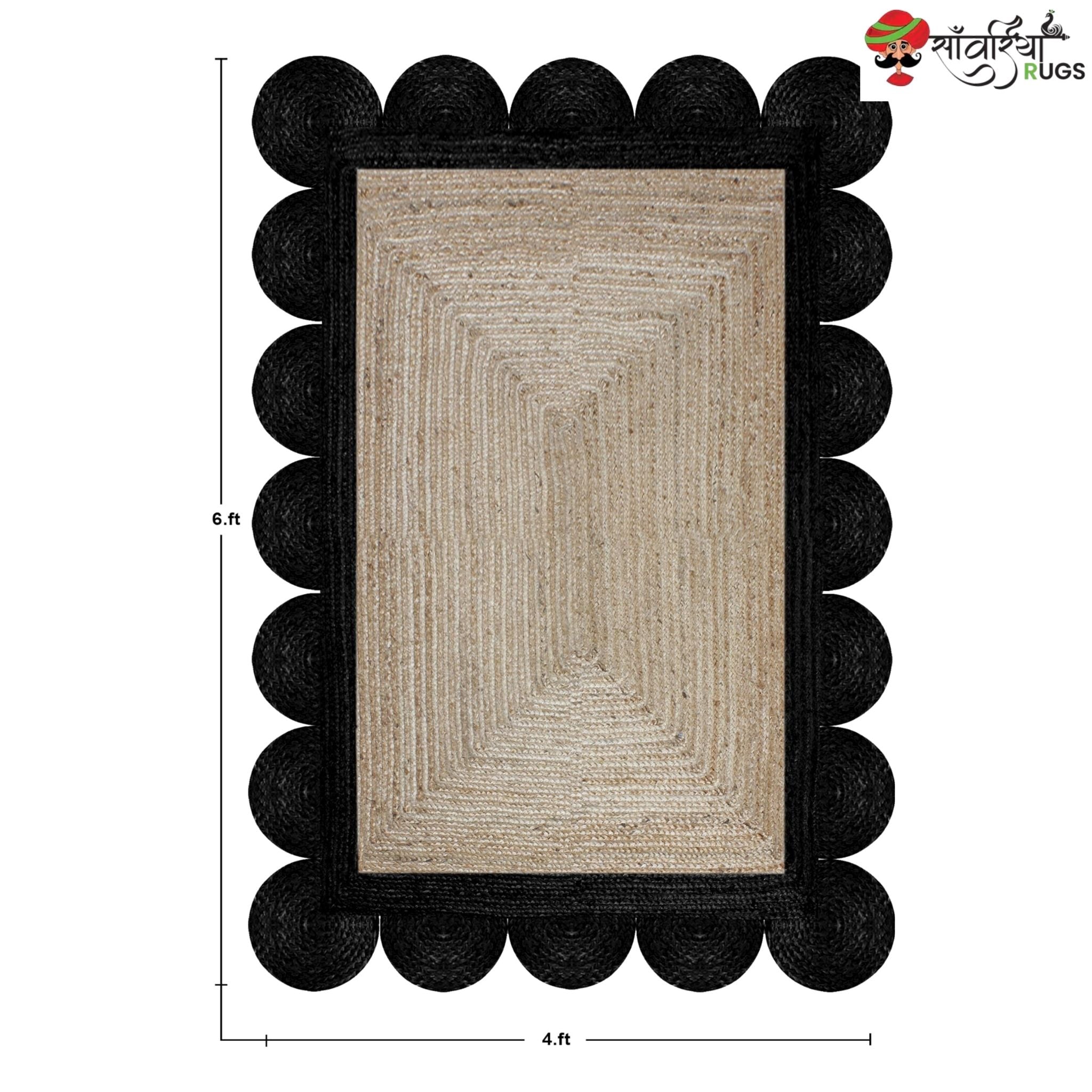 Braided Scalloped Edge Jute Rug – Natural Beige with Multicolor Border