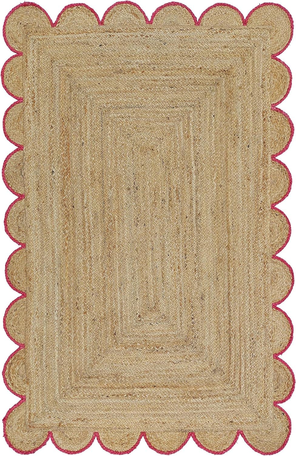 Handwoven Jute Rug – Scalloped Edge Rectangular Braided Decorative Rug