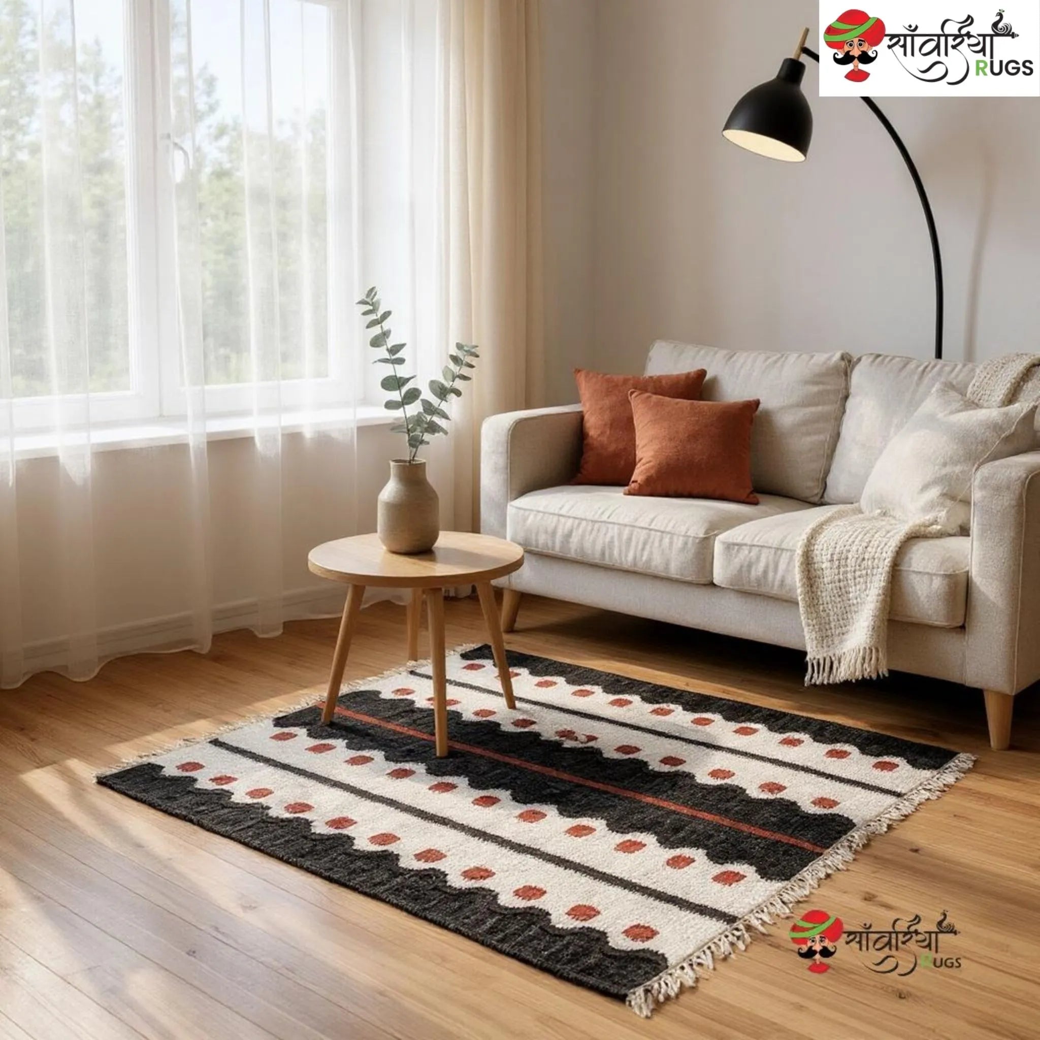 Handmade Black Geometric Jute Cotton Dhurrie Rug