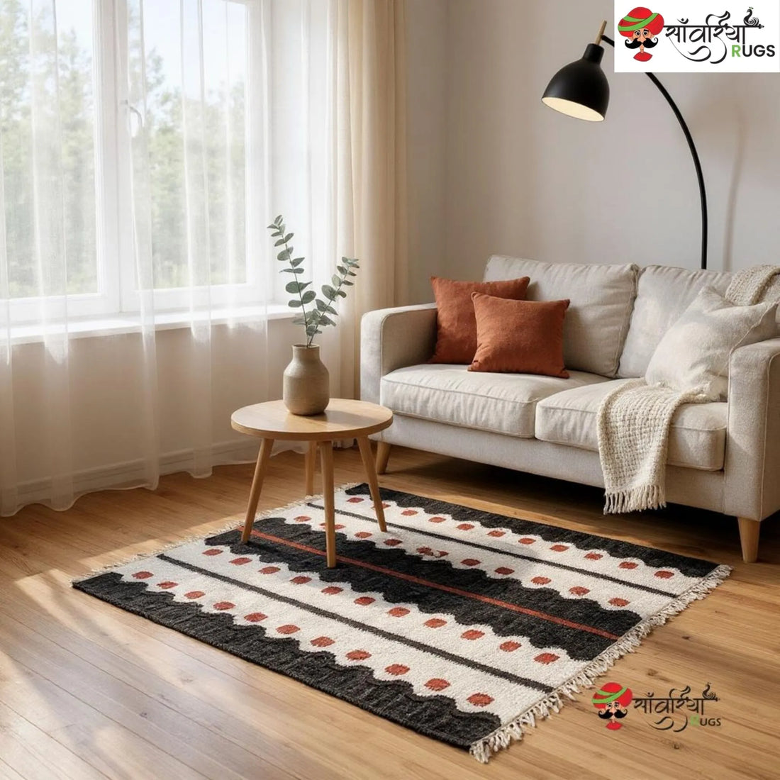 Handmade Black Geometric Jute Cotton Dhurrie Rug
