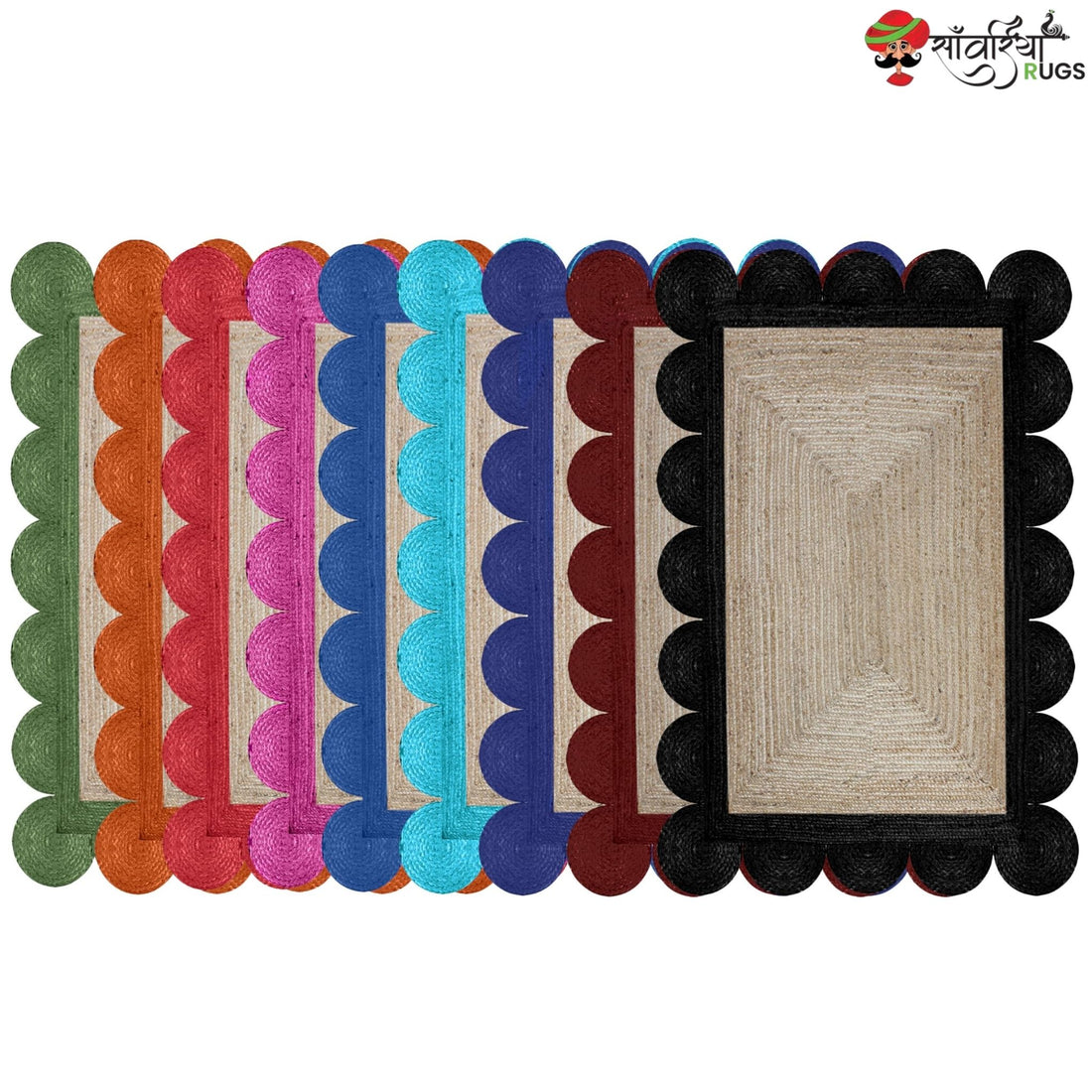 Braided Scalloped Edge Jute Rug – Natural Beige with Multicolor Border