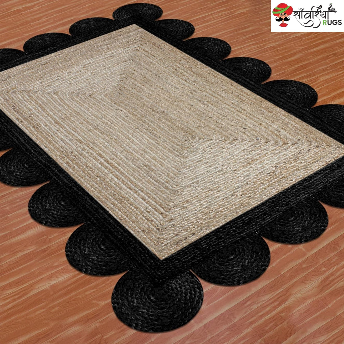 Braided Scalloped Edge Jute Rug – Natural Beige with Multicolor Border