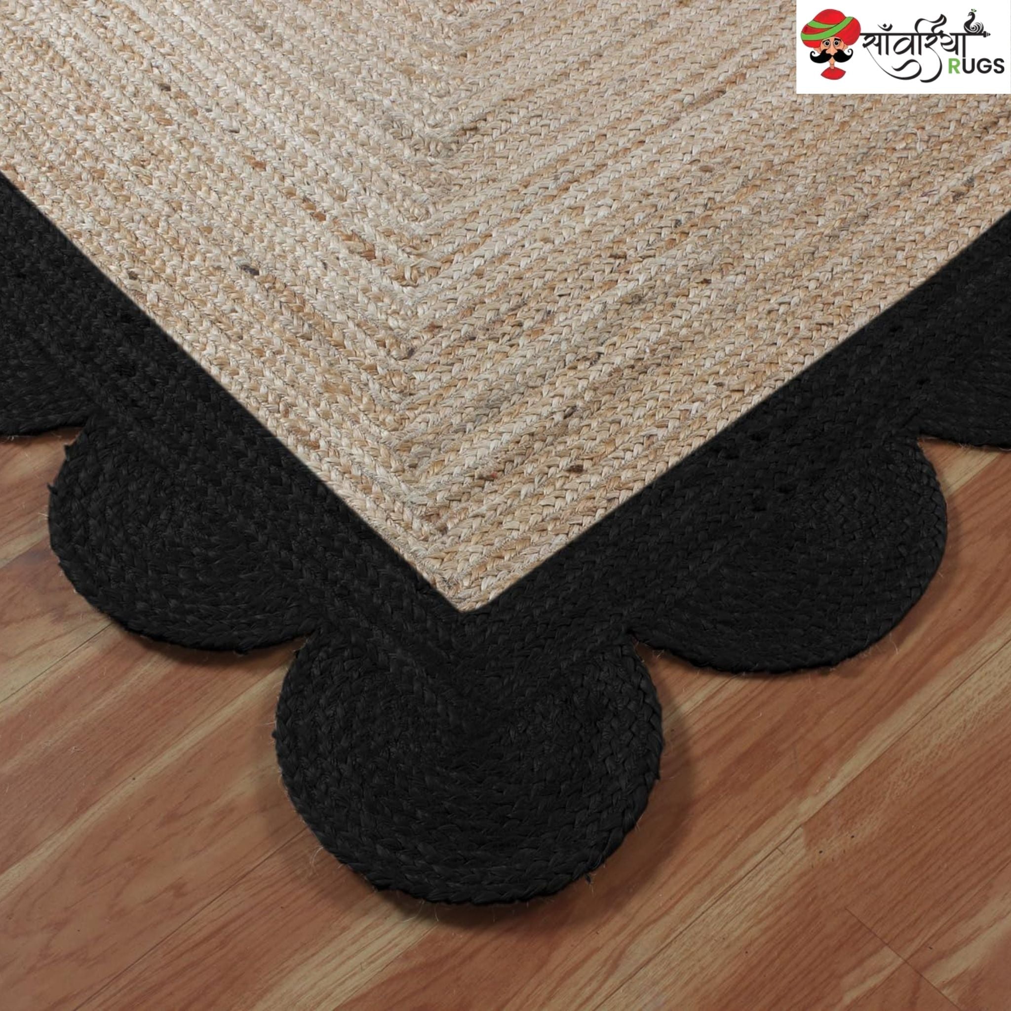 Braided Scalloped Edge Jute Rug – Natural Beige with Multicolor Border