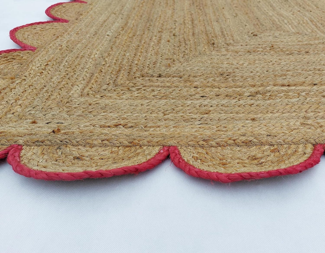 Handwoven Jute Rug – Scalloped Edge Rectangular Braided Decorative Rug