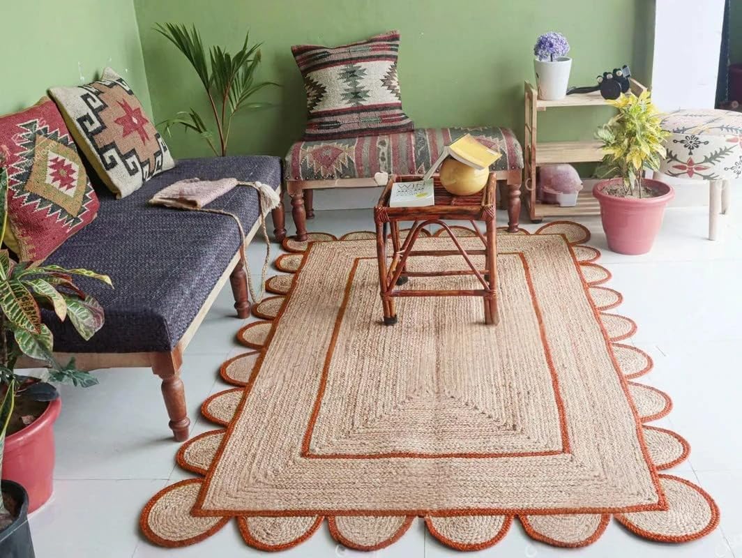 Scalloped Edge Hand Braided Jute Rectangle Rug with Custom Color Border