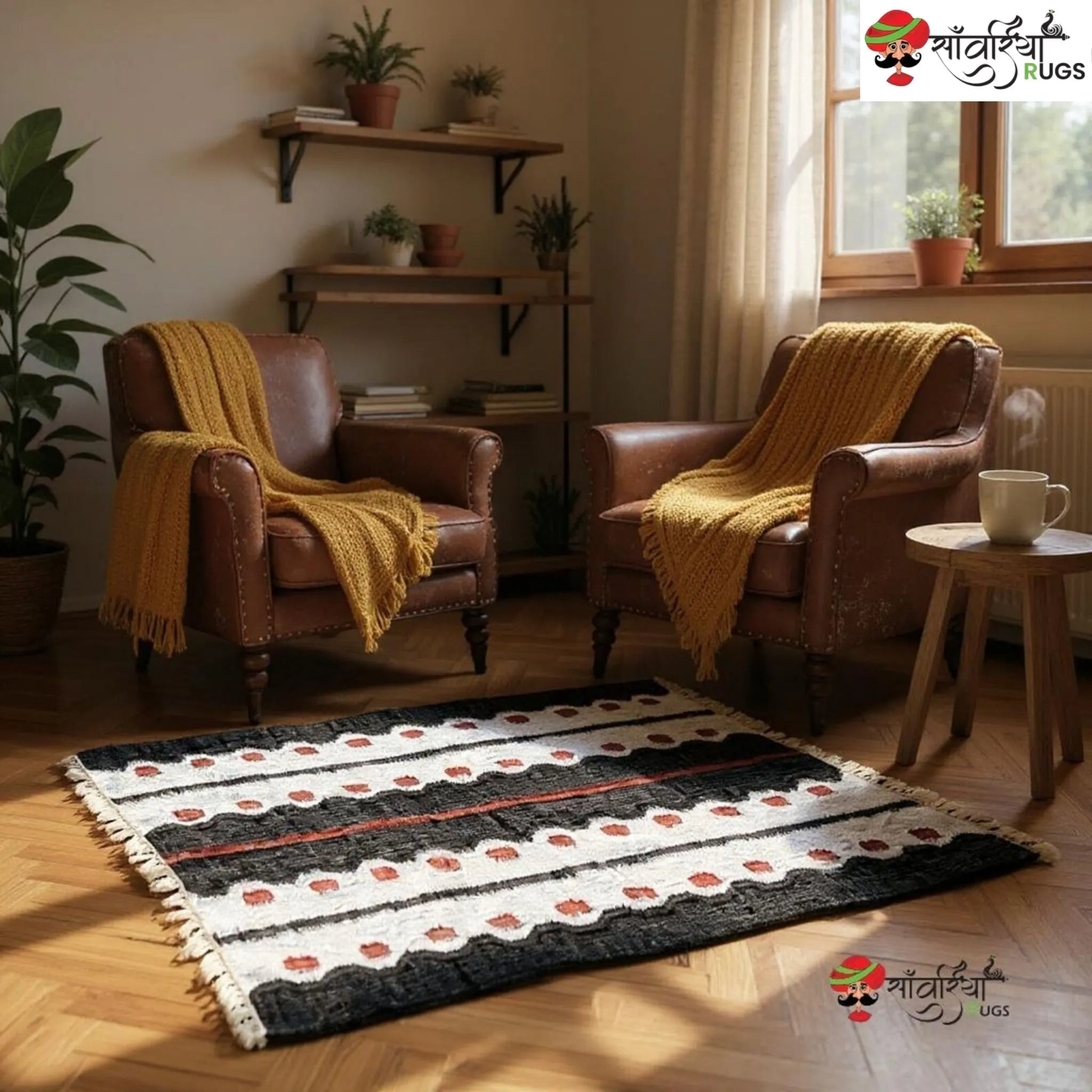 Handmade Black Geometric Jute Cotton Dhurrie Rug