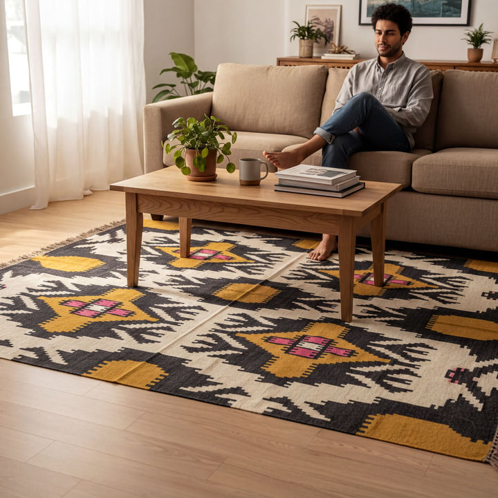 A man sits on a couch in a cozy living room, with a wooden coffee table in front of him. The coffee table has a plant, a book, and a mug on it. The room has a patterned rug on the floor, and there are several potted plants and a vase in the background.