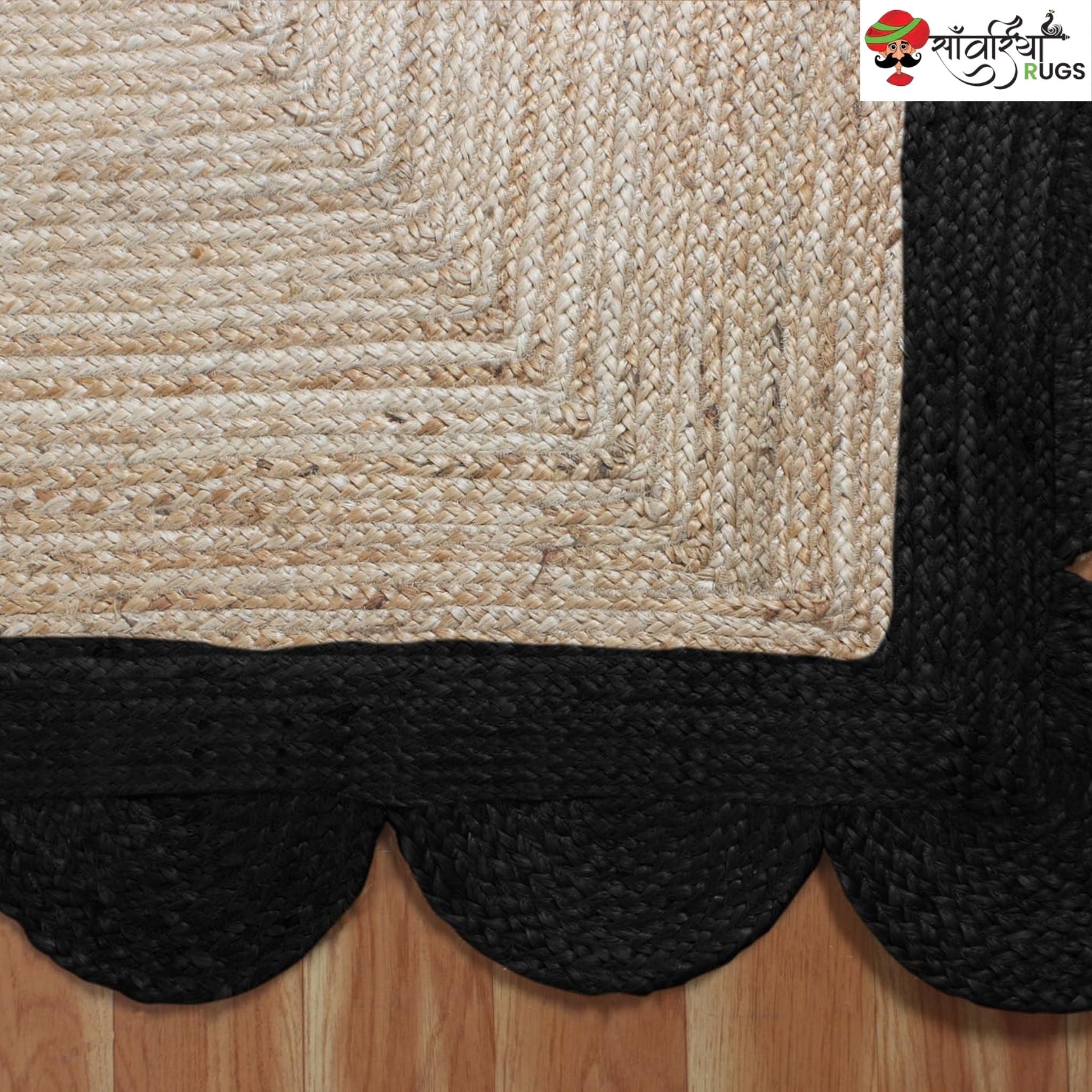 Braided Scalloped Edge Jute Rug – Natural Beige with Multicolor Border