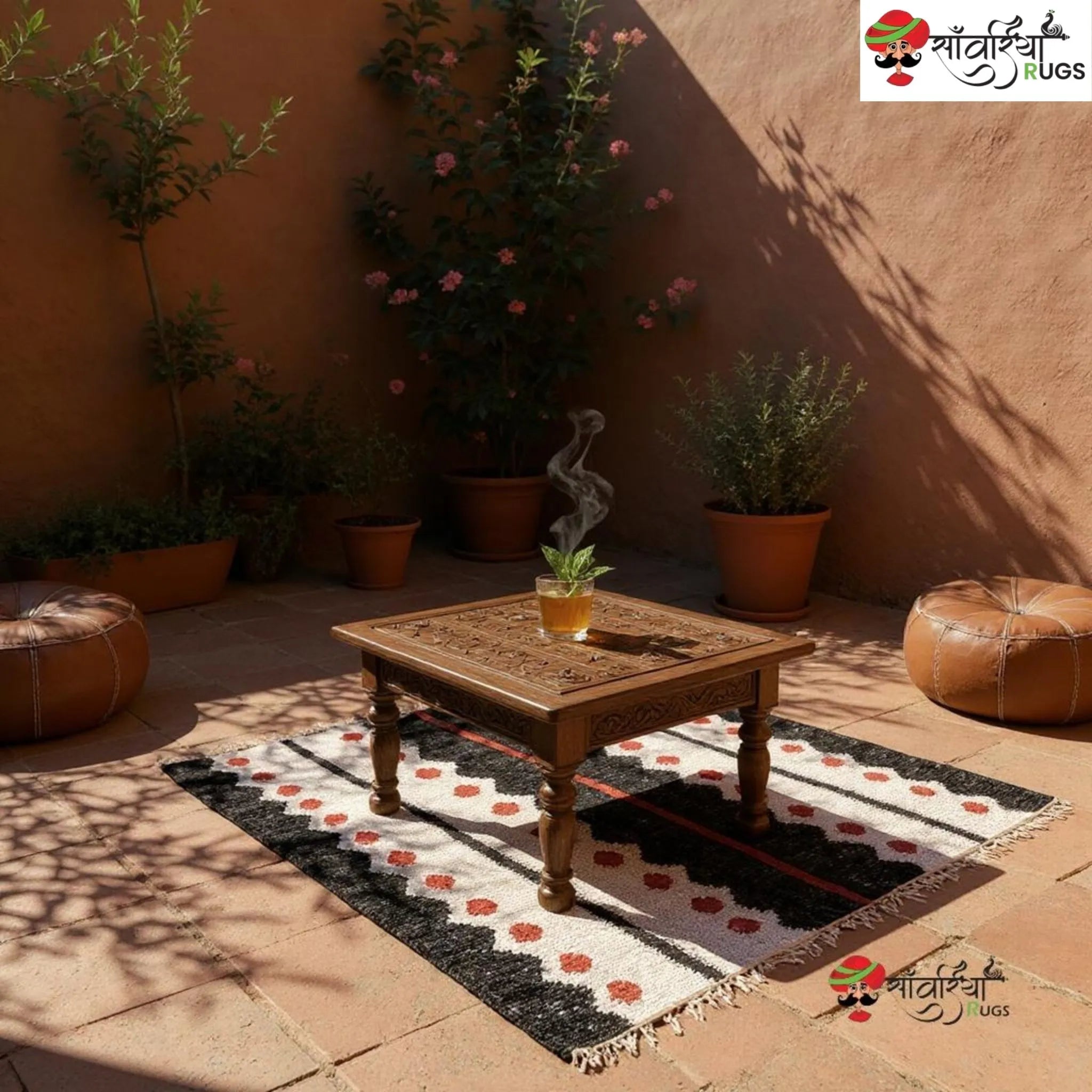 Handmade Black Geometric Jute Cotton Dhurrie Rug