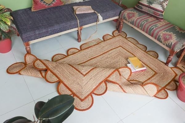 Scalloped Edge Hand Braided Jute Rectangle Rug with Custom Color Border