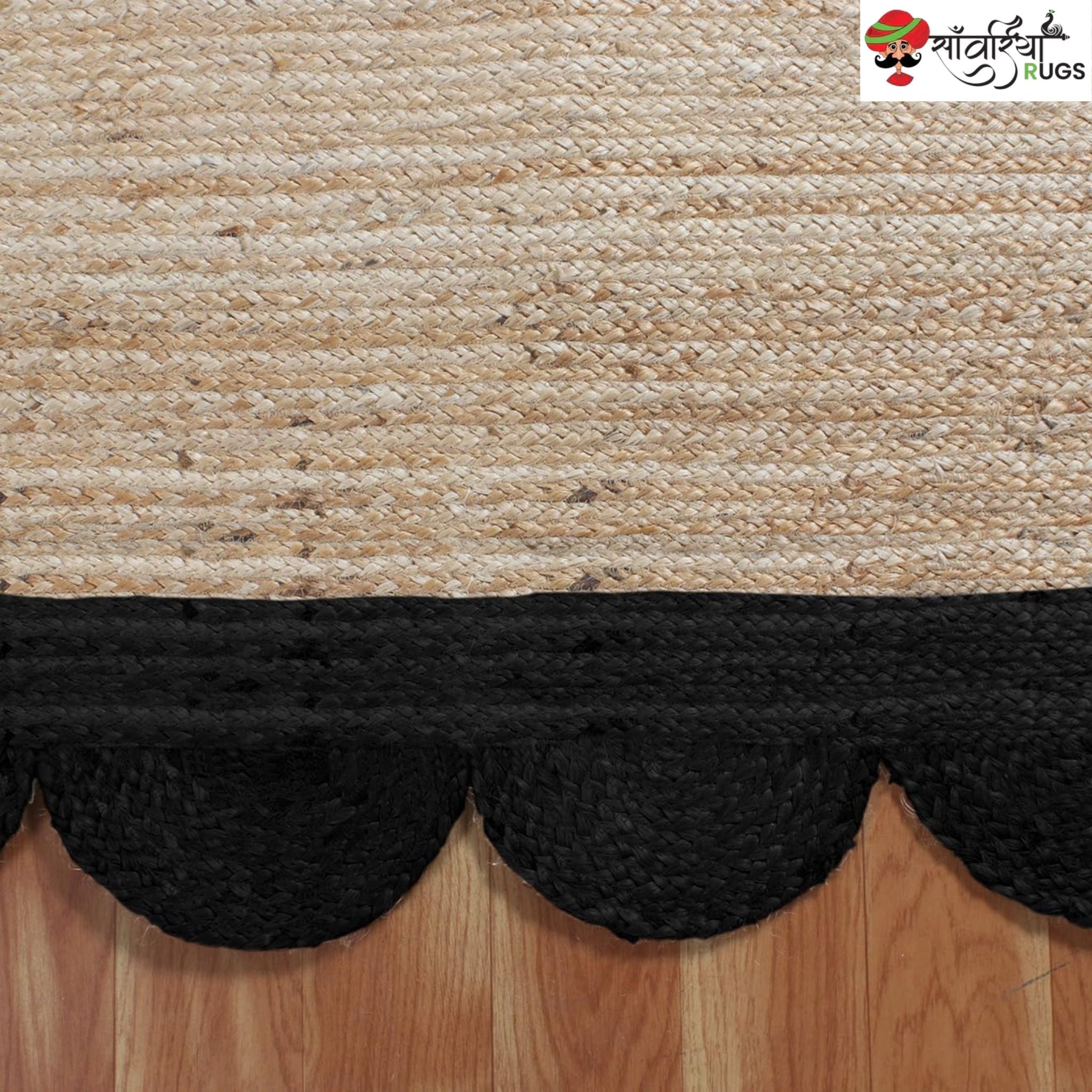 Braided Scalloped Edge Jute Rug – Natural Beige with Multicolor Border