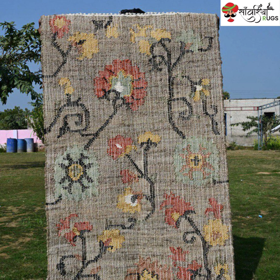 Handmade Floral Pattern Jute Cotton Boho Rug