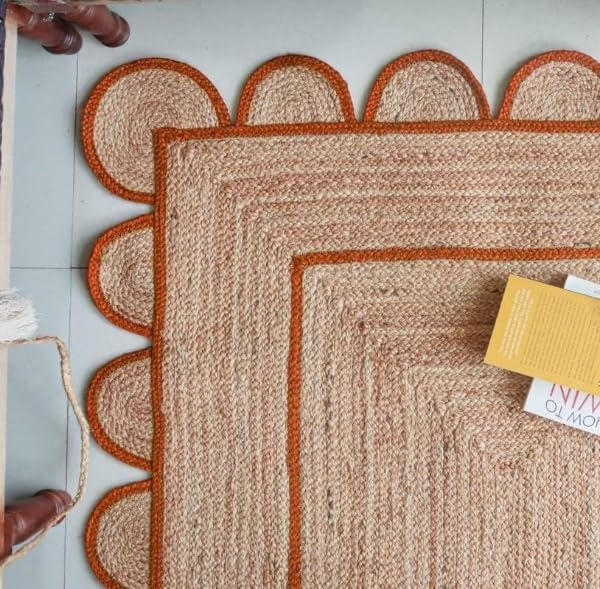 Scalloped Edge Hand Braided Jute Rectangle Rug with Custom Color Border