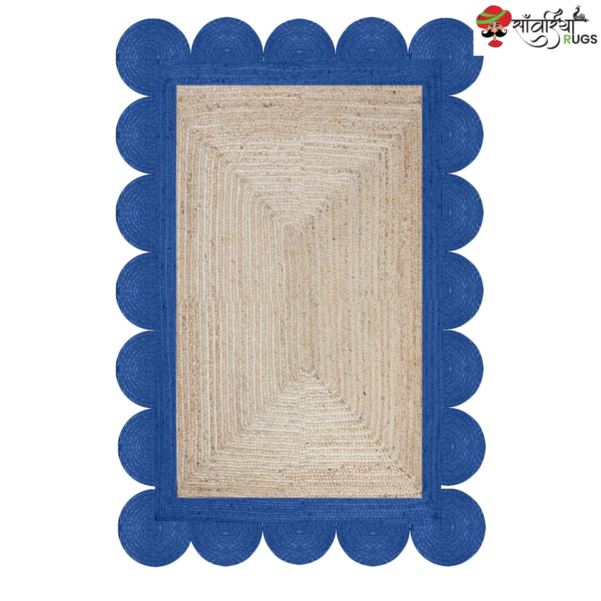 Braided Scalloped Edge Jute Rug – Natural Beige with Multicolor Border