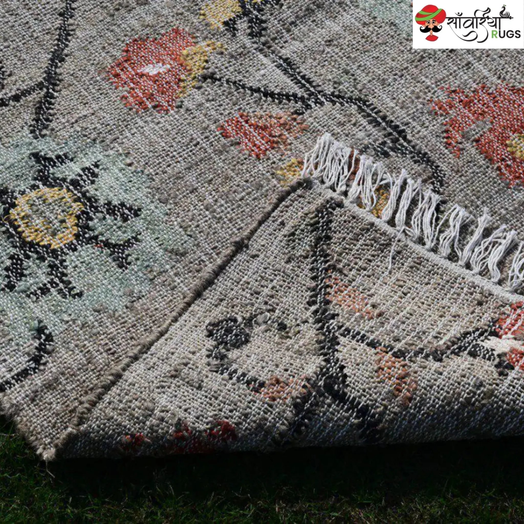 Handmade Floral Pattern Jute Cotton Boho Rug
