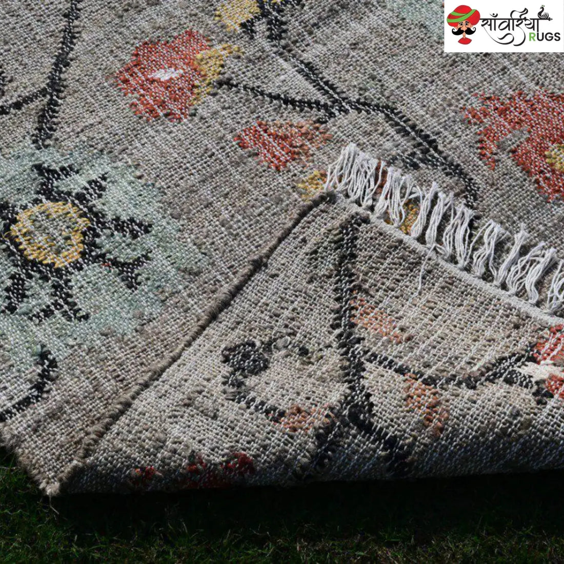 Handmade Floral Pattern Jute Cotton Boho Rug