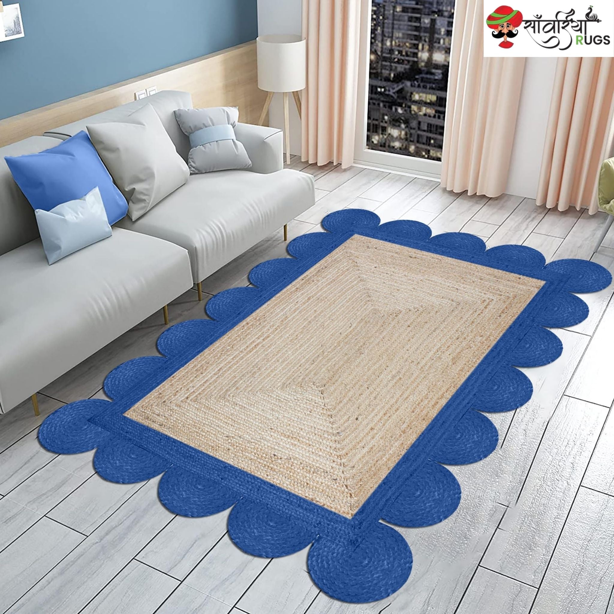 Braided Scalloped Edge Jute Rug – Natural Beige with Multicolor Border
