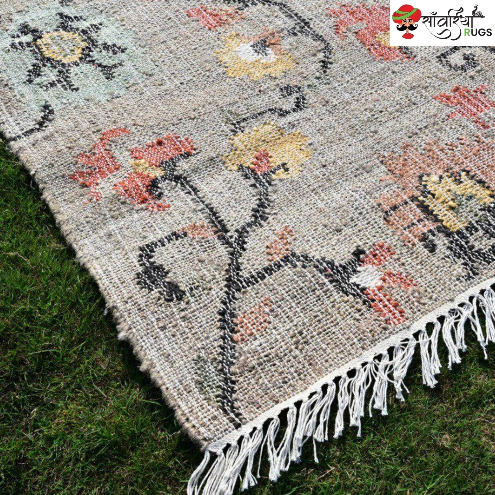 Handmade Floral Pattern Jute Cotton Boho Rug