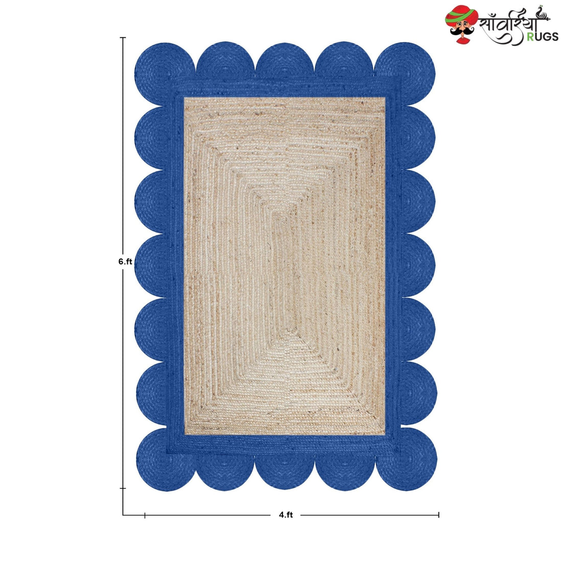 Braided Scalloped Edge Jute Rug – Natural Beige with Multicolor Border