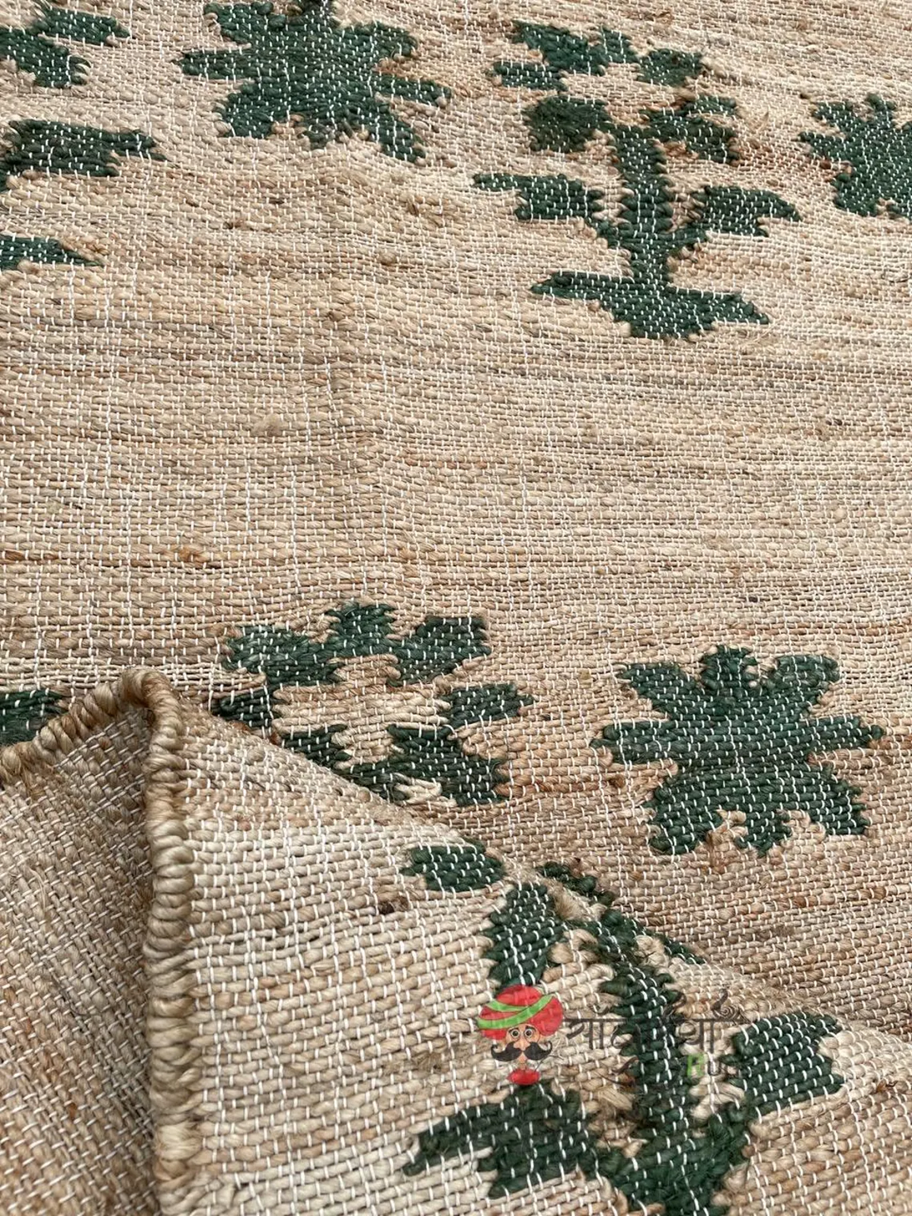 Rustic Natural Jute Flatweave Rug with Green Floral Motifs | Handwoven Eco Floor Accent for Hallway & Living Spaces