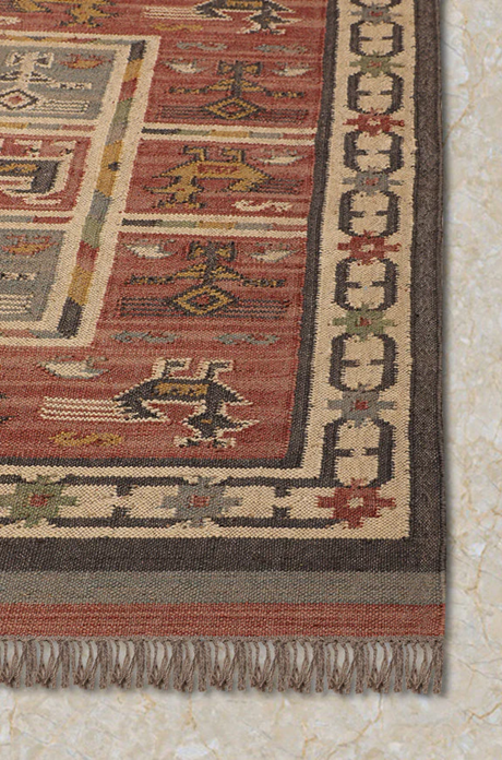 Handwoven Rajasthani Wool Jute Kilim Rug – Tribal Animal Motif Carpet in Rust Red, Mustard & Indigo 8X10 FEET