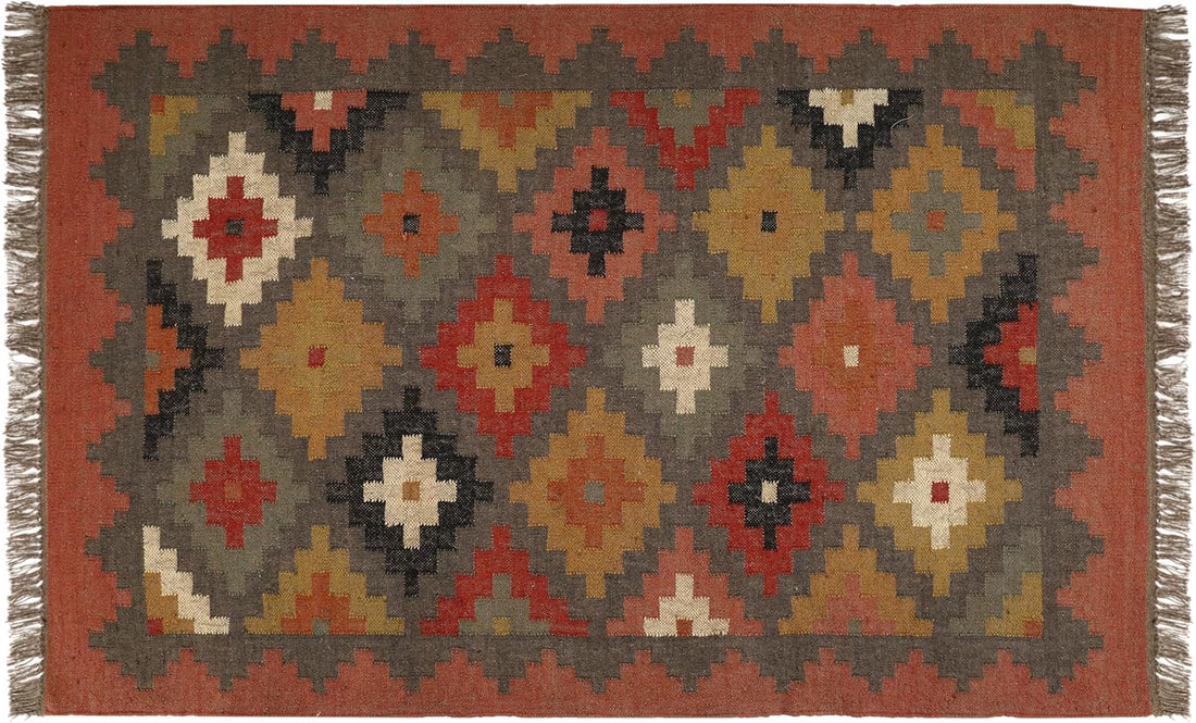 Handwoven Kilim Wool Jute Rug Geometric Pattern, Non-Slip, Versatile for Living, Bedroom & Kids Room