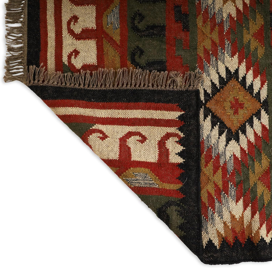 Handwoven Kilim Wool Jute Rug Geometric Pattern, Non-Slip, Versatile for Living, Bedroom & Kids Room
