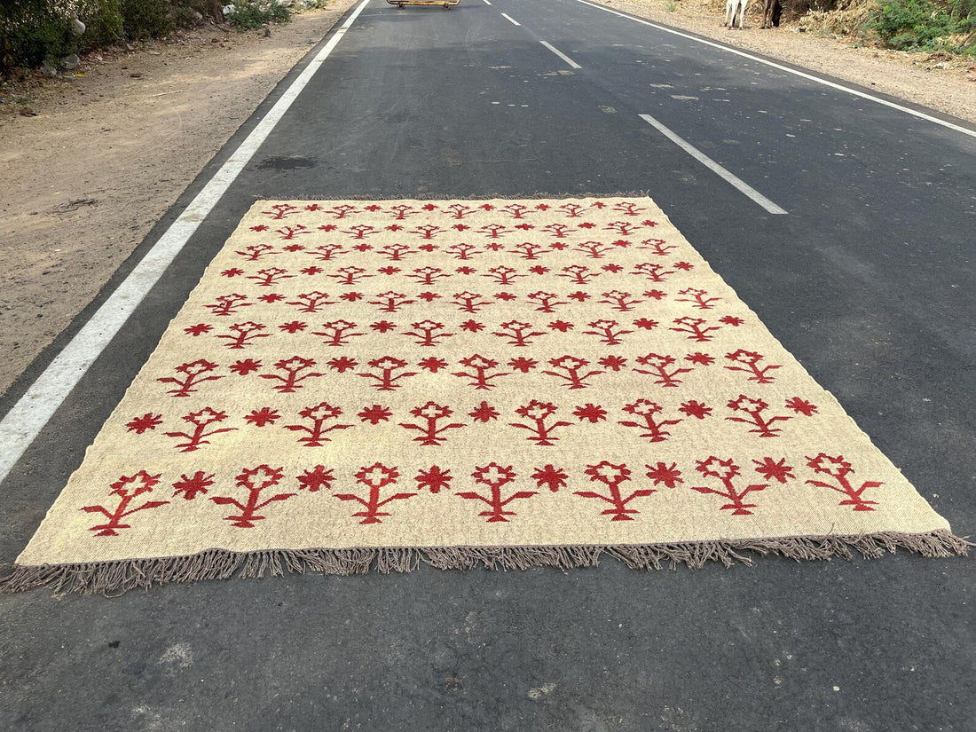 Handwoven Wool Jute Kilim Rug – Vibrant Bohemian Tribal Dhurrie