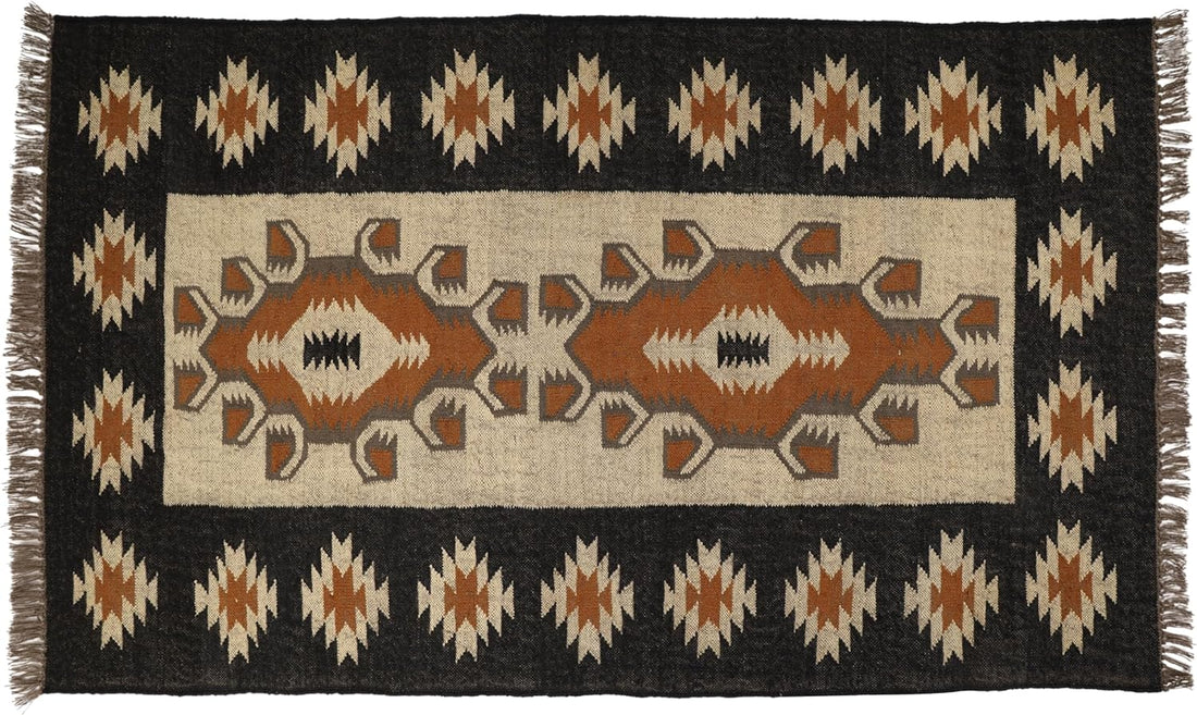 Handwoven Kilim Wool Jute Rug Geometric Pattern, Non-Slip, Versatile for Living, Bedroom & Kids Room