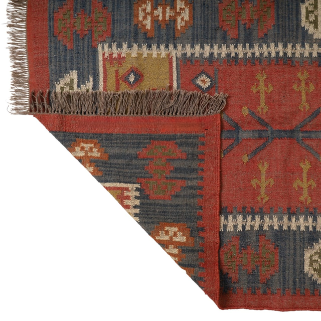 Traditional Rajasthani Wool Jute Kilim Rug – Handwoven Tribal Geometric Pattern in Rust, Mustard & Indigo