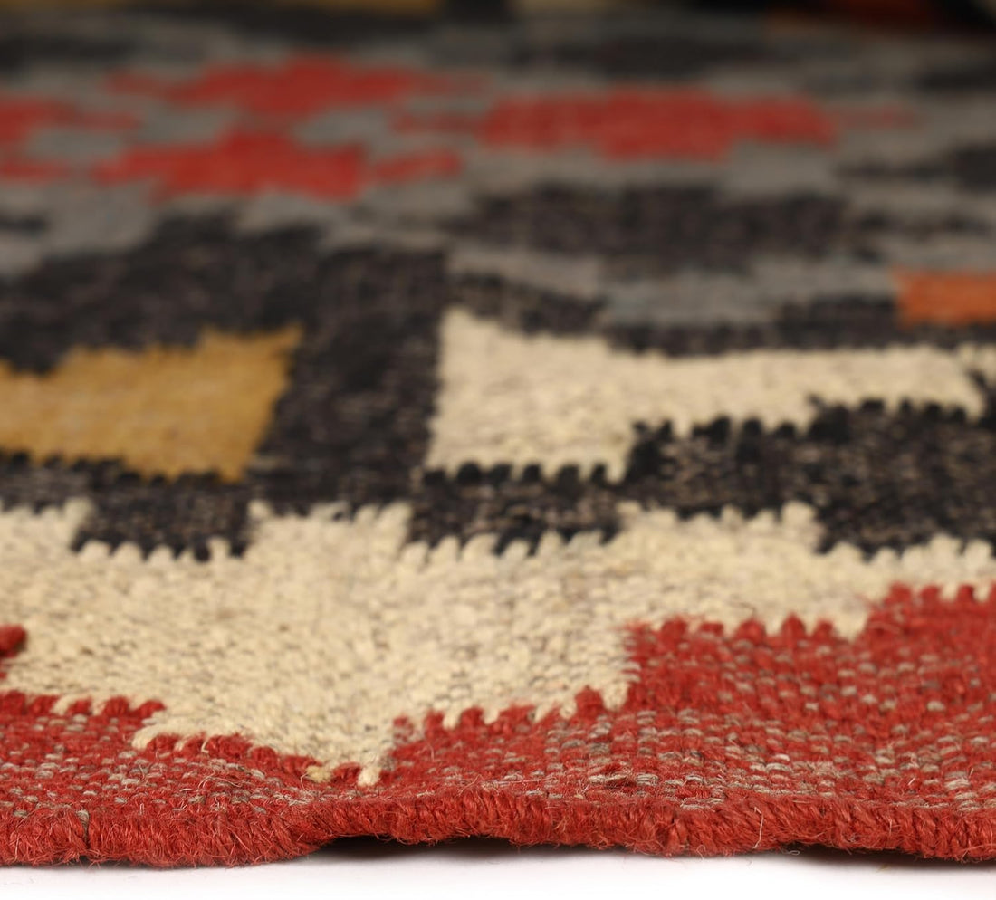Handwoven Kilim Wool Jute Rug Geometric Pattern, Non-Slip, Versatile for Living, Bedroom & Kids Room