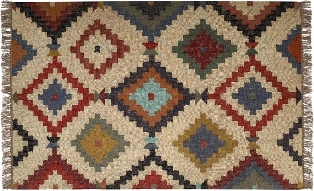 Handwoven Kilim Wool Jute Rug Geometric Pattern, Non-Slip, Versatile for Living, Bedroom & Kids Room