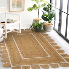 Scalloped Handmade Natura braided l Jute with white  border Rectangle rugs and runner