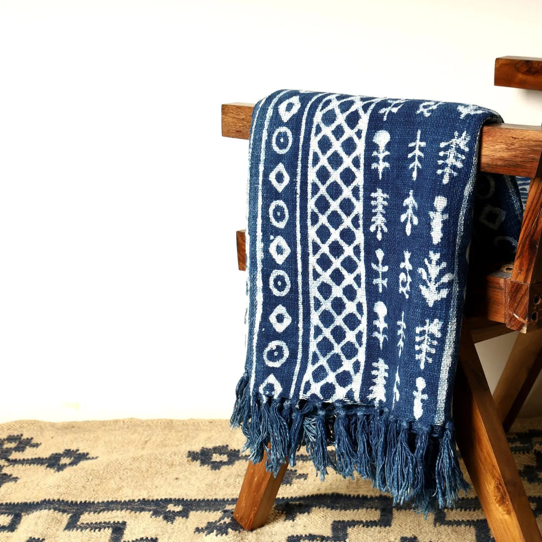 Sanwariya Rugs Cotton Throw Blanket, Indigo Botanical 50 x 70 Inch