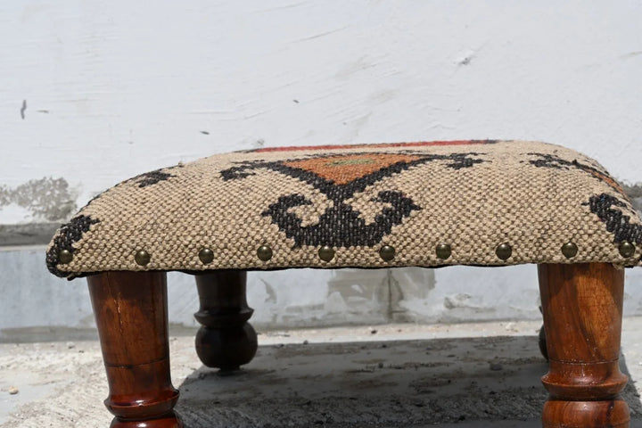 Handmade Southwestern Kilim Ottoman Footstool | Wool Jute Upholstered Tribal Accent Stool with Solid Wooden Legs for Living Room