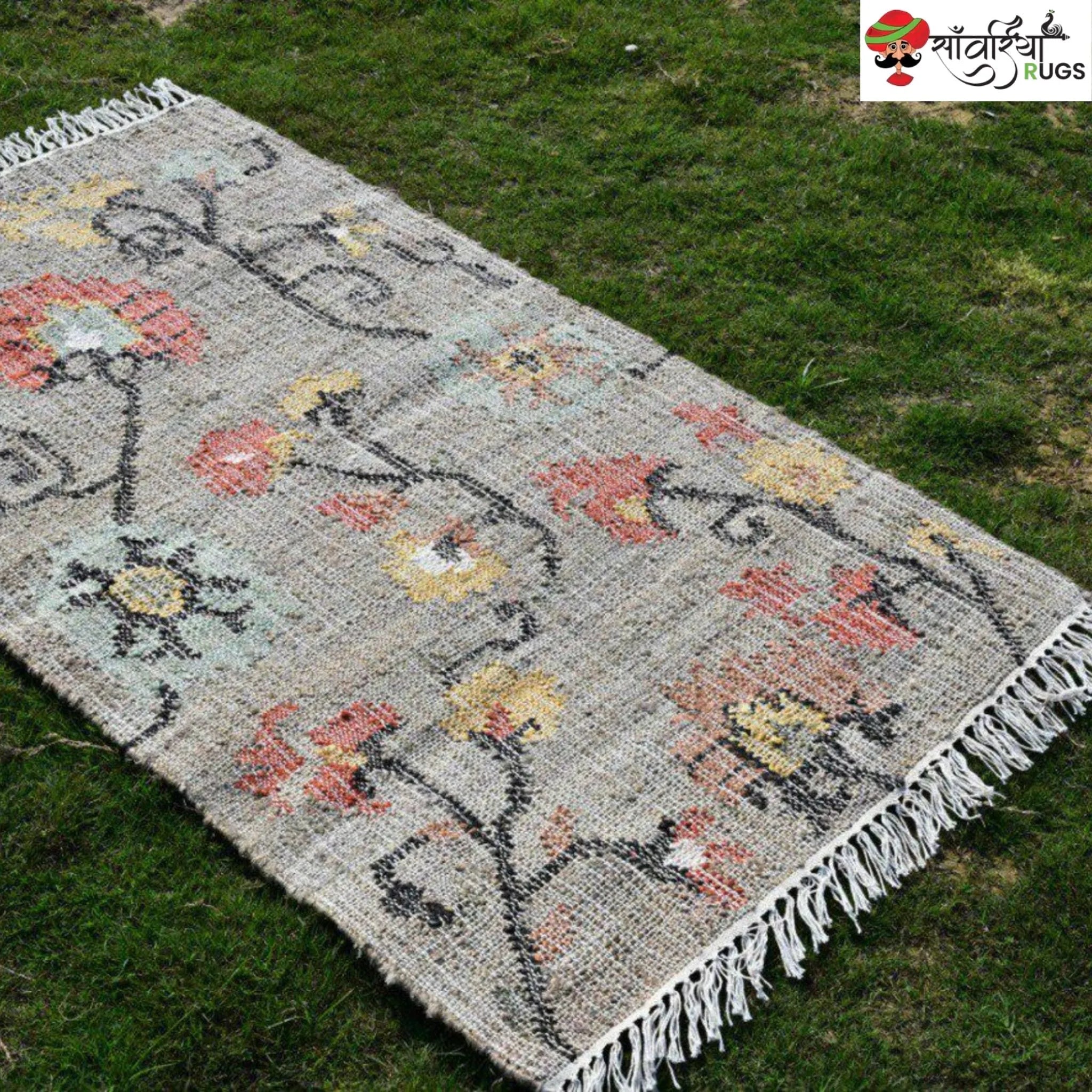 Handmade Floral Pattern Jute Cotton Boho Rug
