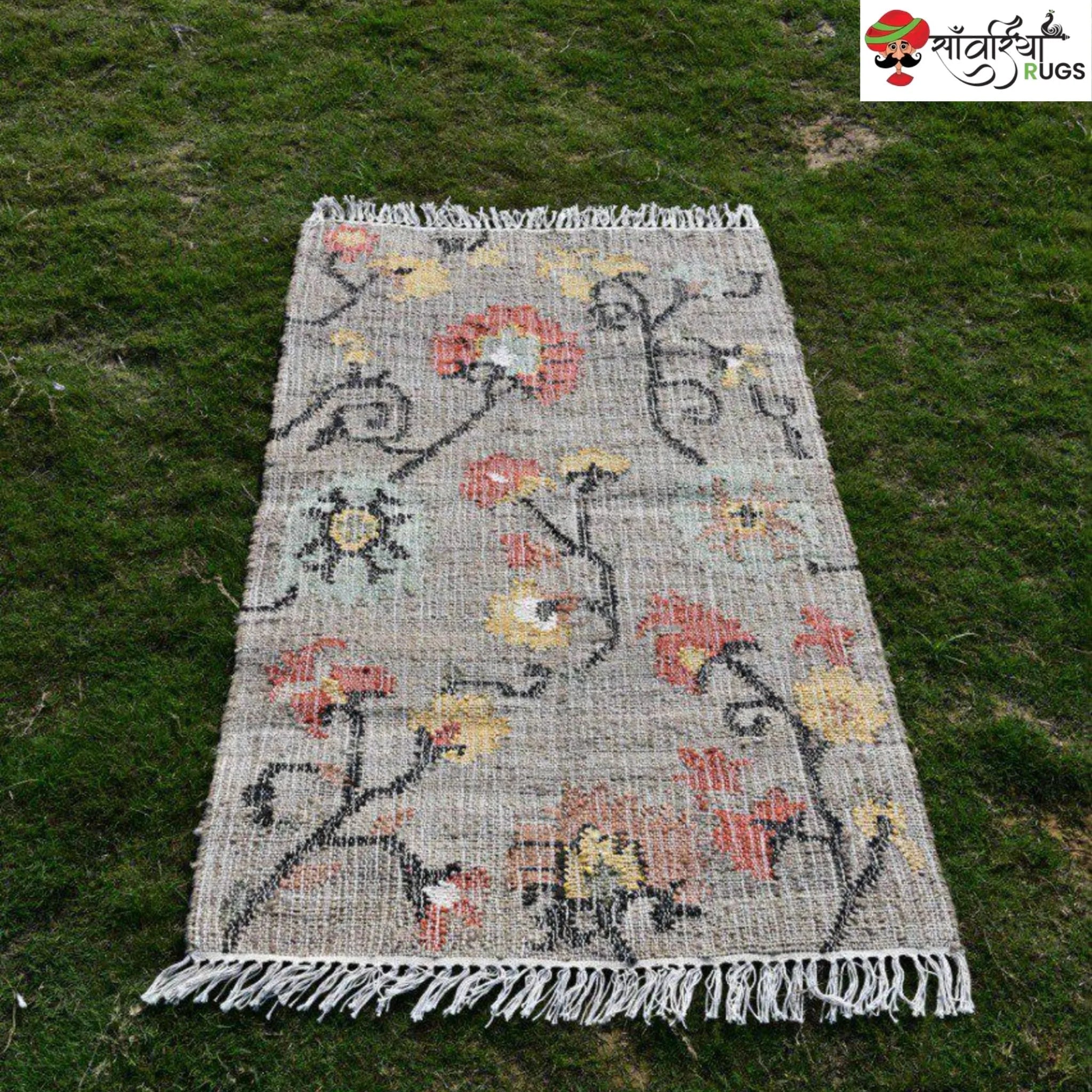 Handmade Floral Pattern Jute Cotton Boho Rug