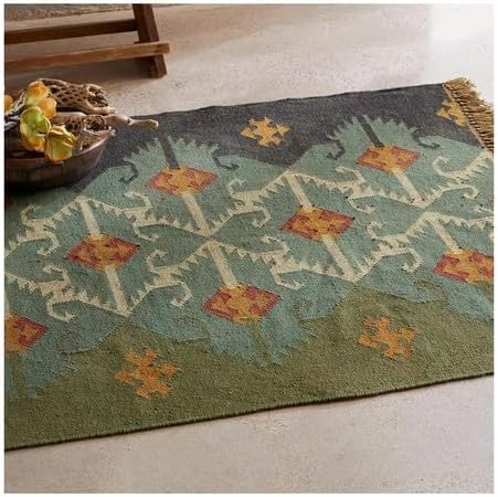 Export Kilim Sagrada Southwestern Geometric Area Rug, Green/Orange