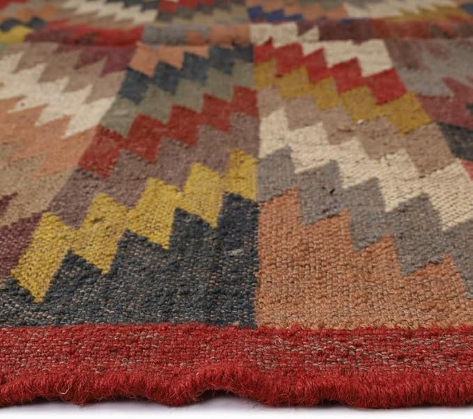 Handwoven Kilim Wool Jute Rug Geometric Pattern, Non-Slip, Versatile for Living, Bedroom & Kids Room